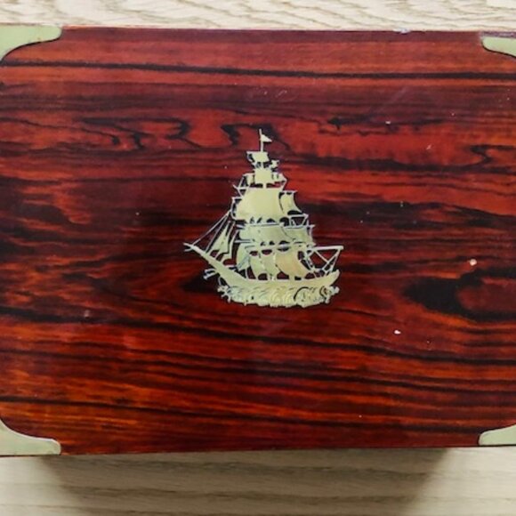 Vintage MC Cameron & Sons Wooden Keepsake Box with Brass Ship Inlay – 9” Storage - Picture 1 of 10